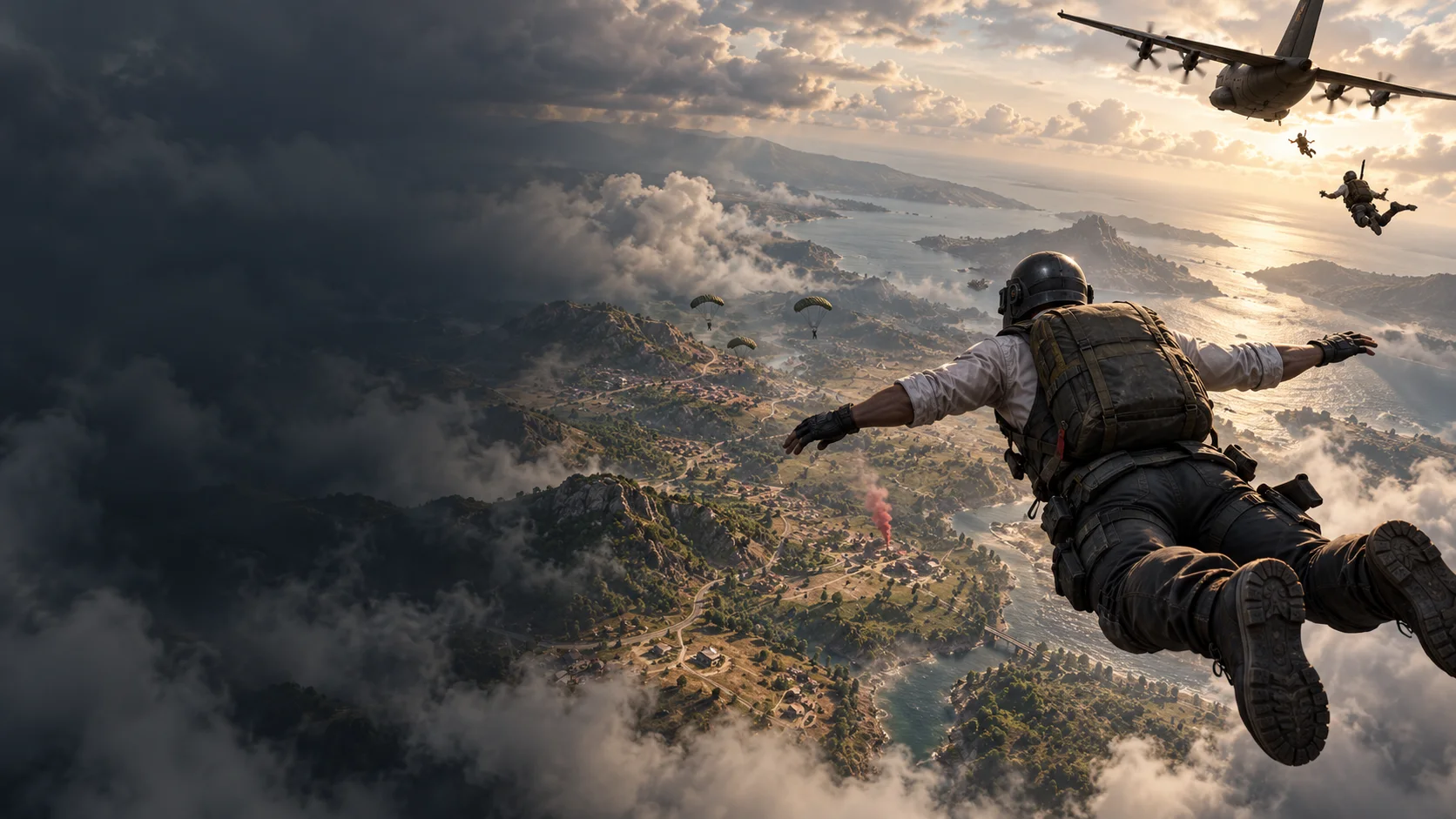 A squad drops from a cargo plane over a battle royale island